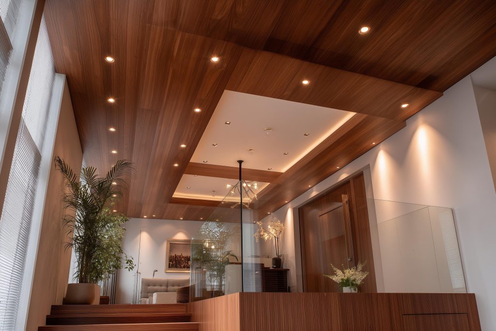 WPC ceiling panels with wood finish and recessed lighting