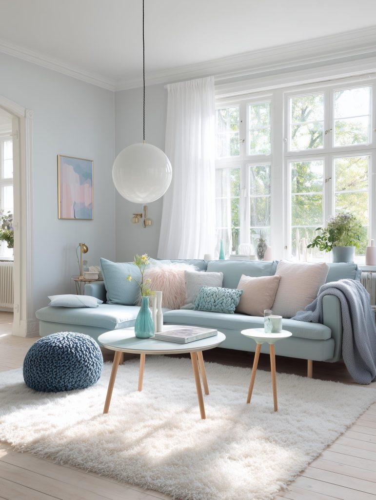 candinavian living room with pastel decor and natural light