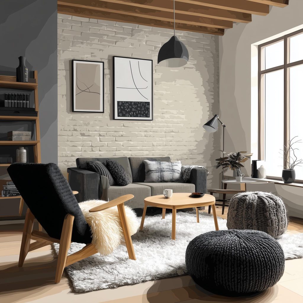 Nordic Scandinavian living room with white brick wall and grey tones