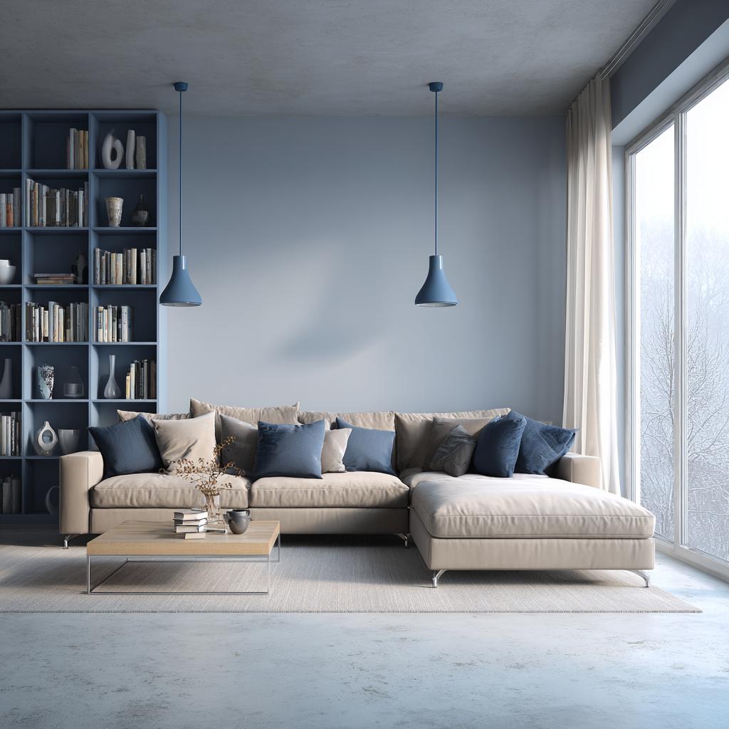 Nordic living room with dark blue tones and layered decor