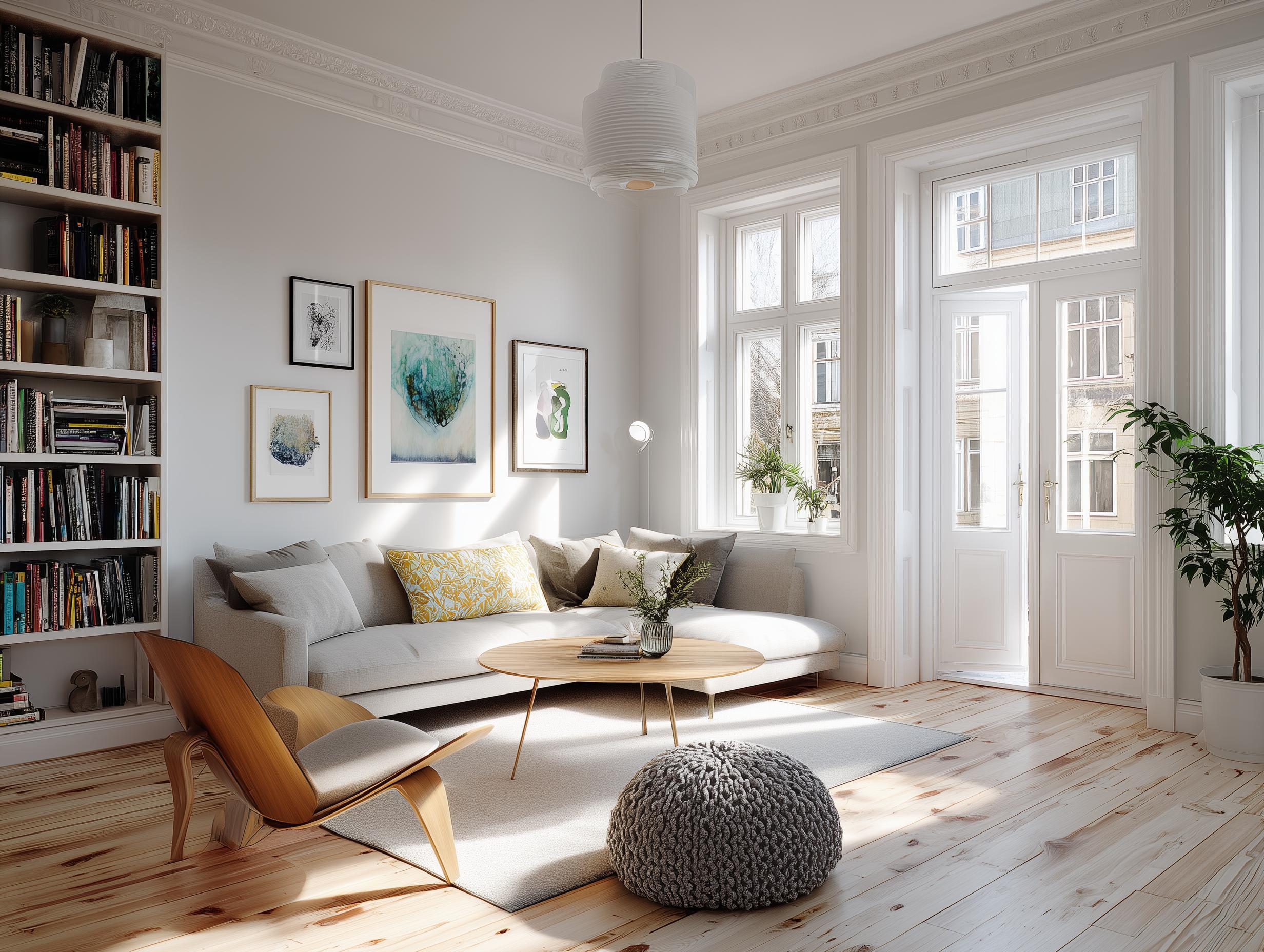 Scandinavian living room with white walls and light wood floors