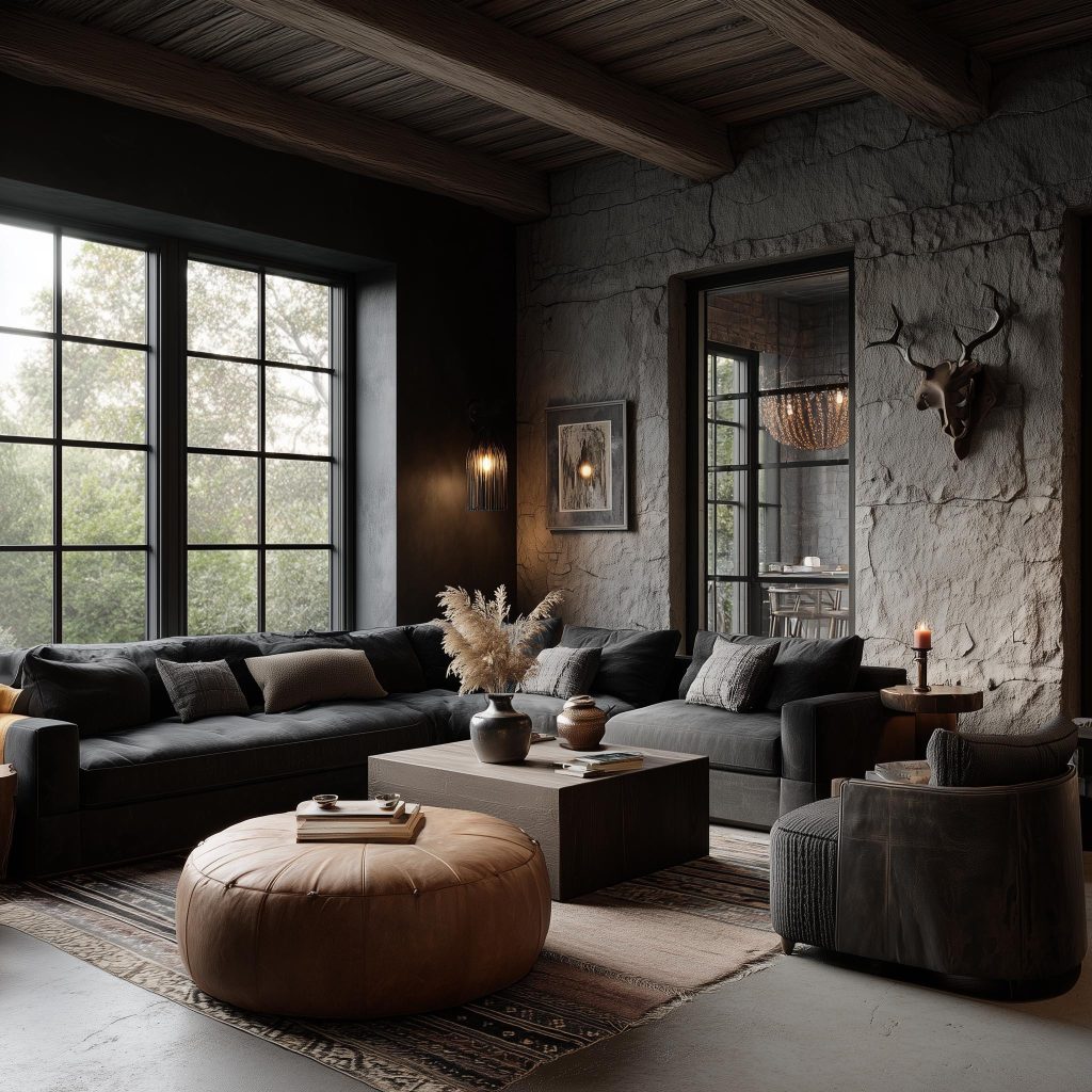 Dark Nordic living room with stone wall and moody lighting