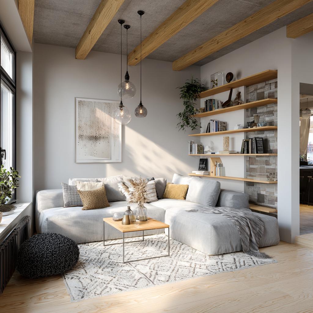 Nordic Scandinavian living room with grey sofa and wooden shelves