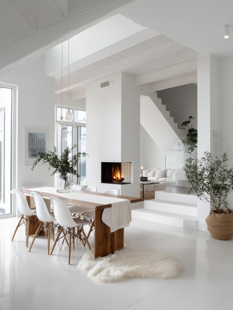 Minimalist Scandinavian dining area with fireplace and white interiors