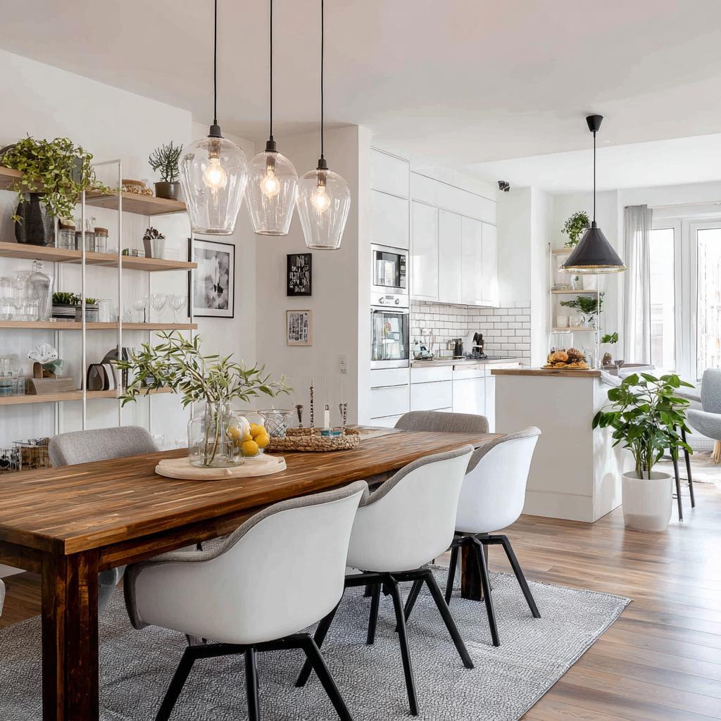 Scandinavian kitchen dining area with open shelves and white cabinets