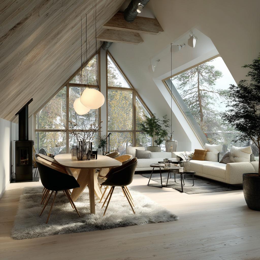 Nordic home interior with vaulted wood ceiling and large windows