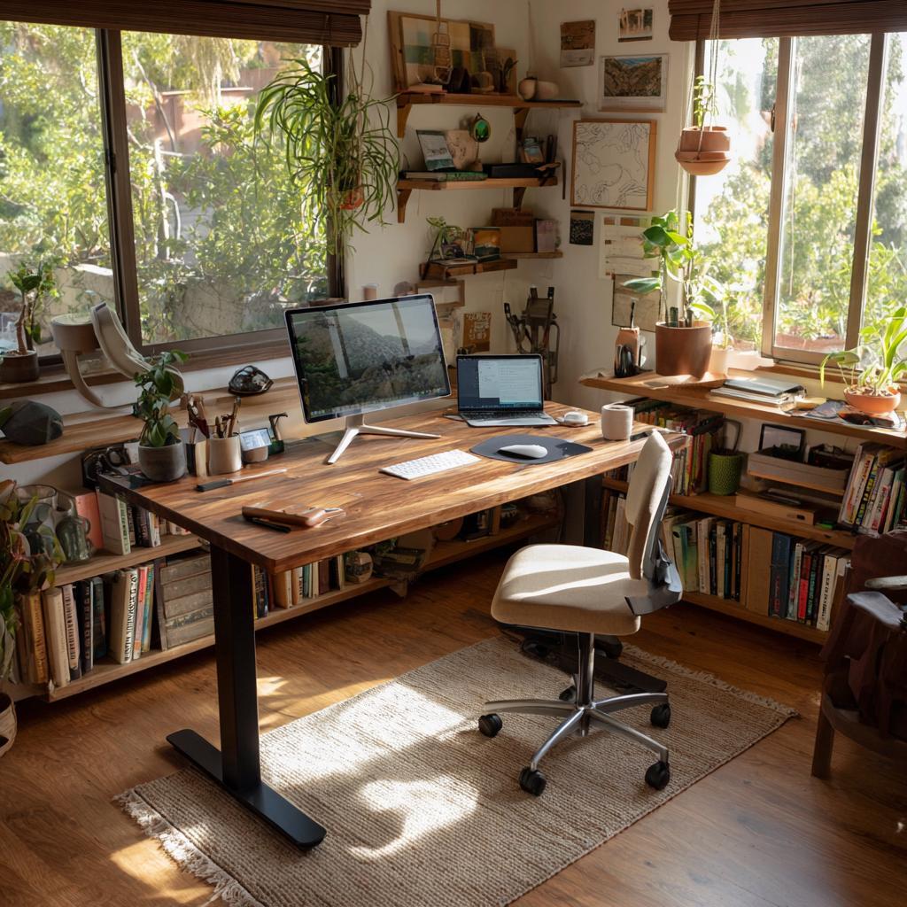 Simple adjustable home office computer desk setup
