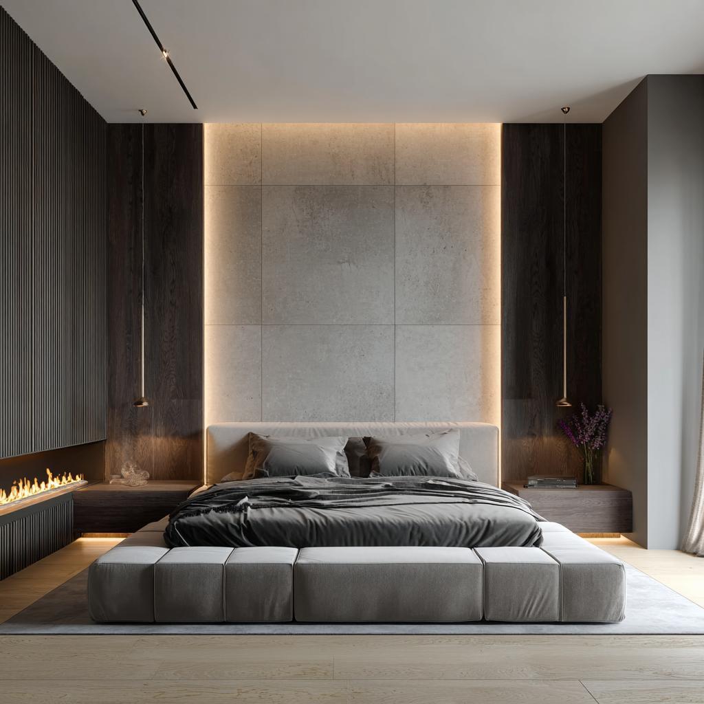 Wall-mounted headboard with stone finish and LED backlight