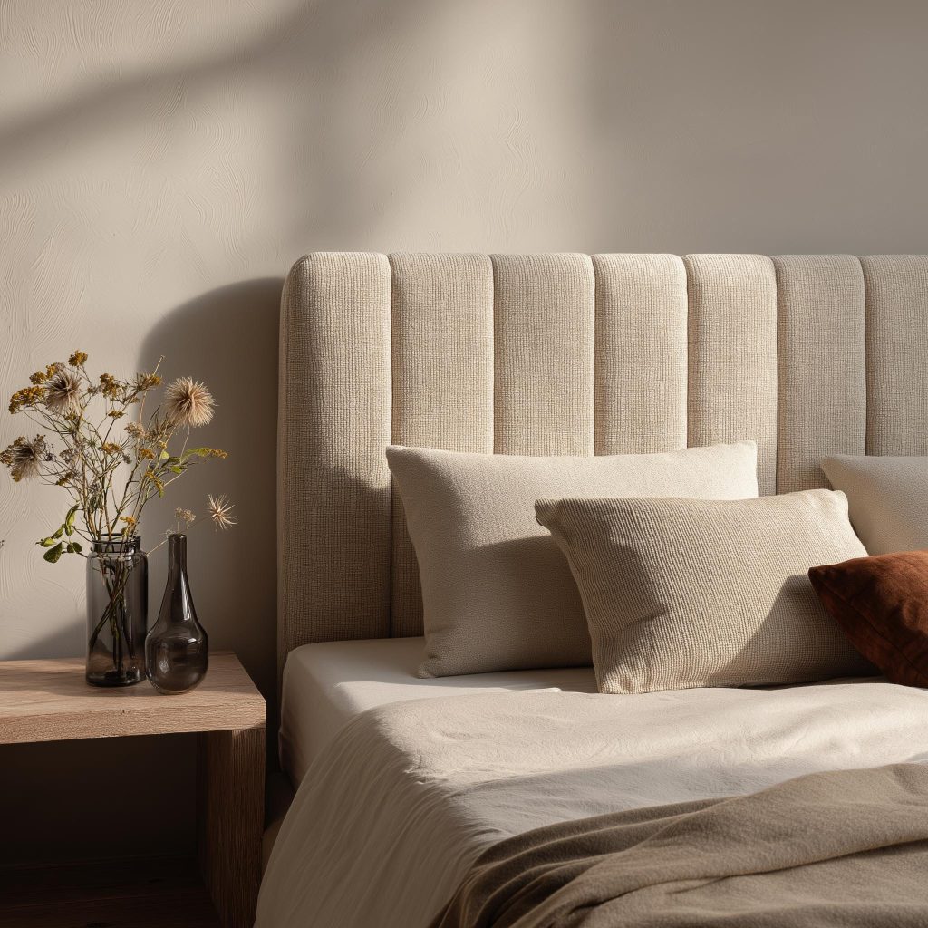 Soft channel-tufted upholstered headboard in linen fabric