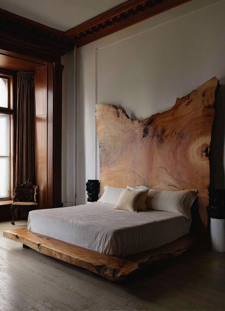 Live edge wooden headboard with natural rustic design