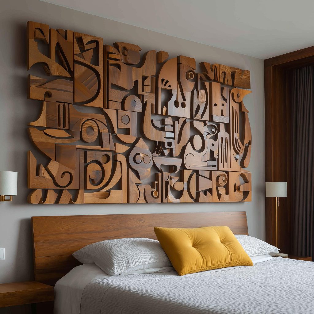 Artistic wooden headboard with sculptural wall art design