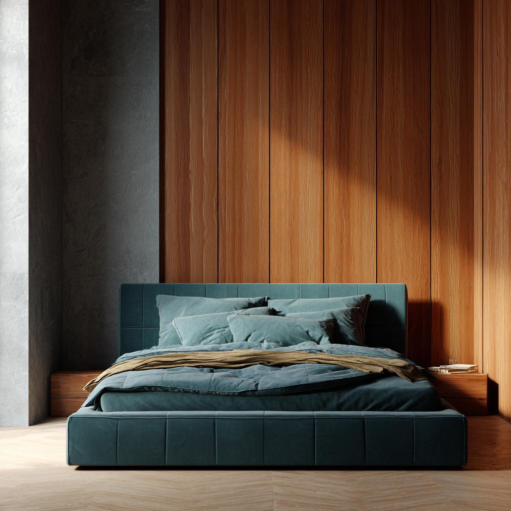 Upholstered headboard with wood panel accent wall