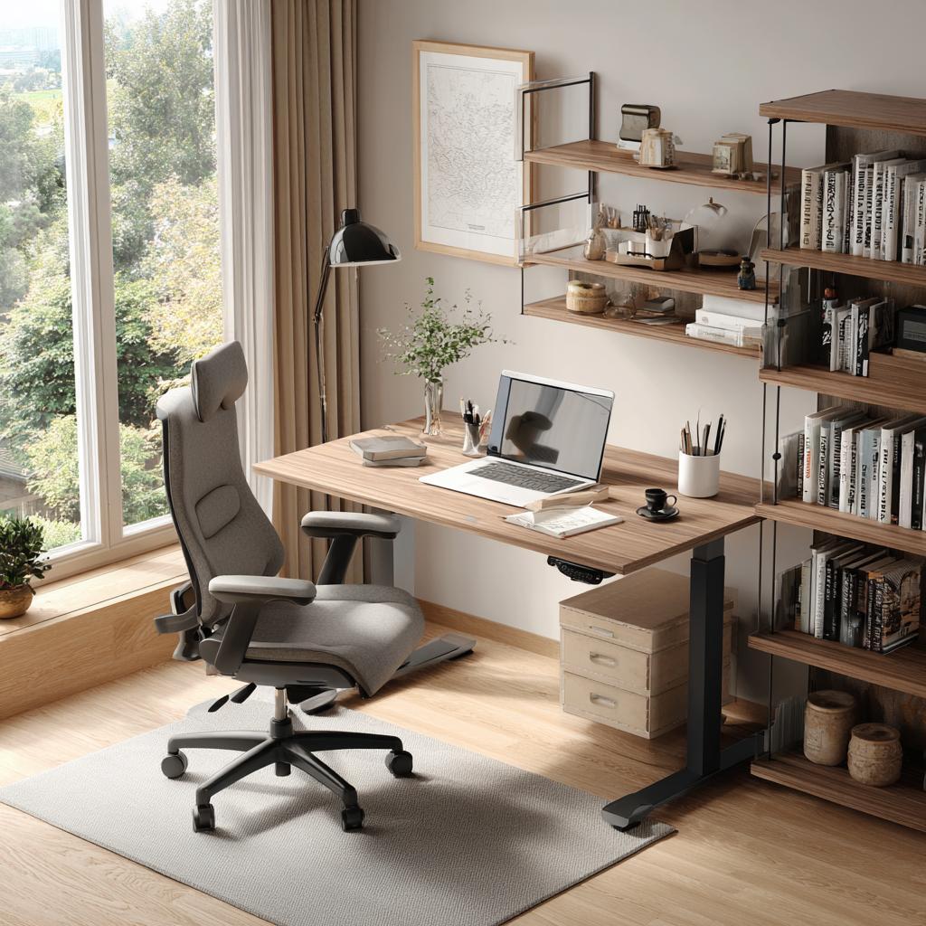 Adjustable home office desk and chair setup