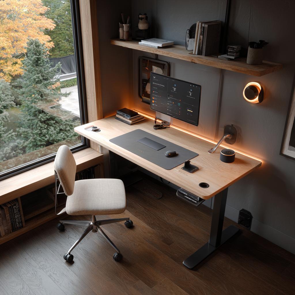 Adjustable home office desk and chair with cozy ambience