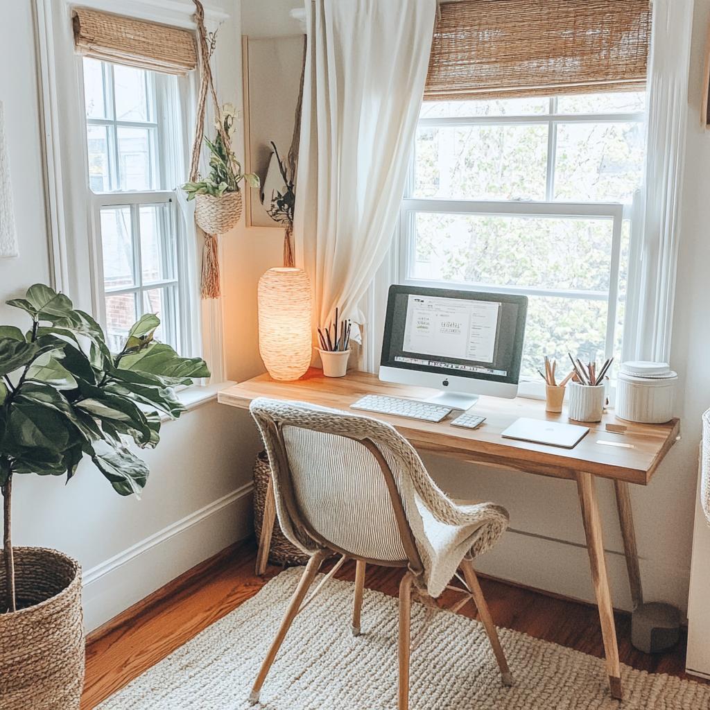 Ergonomic home office standing desk and chair setup