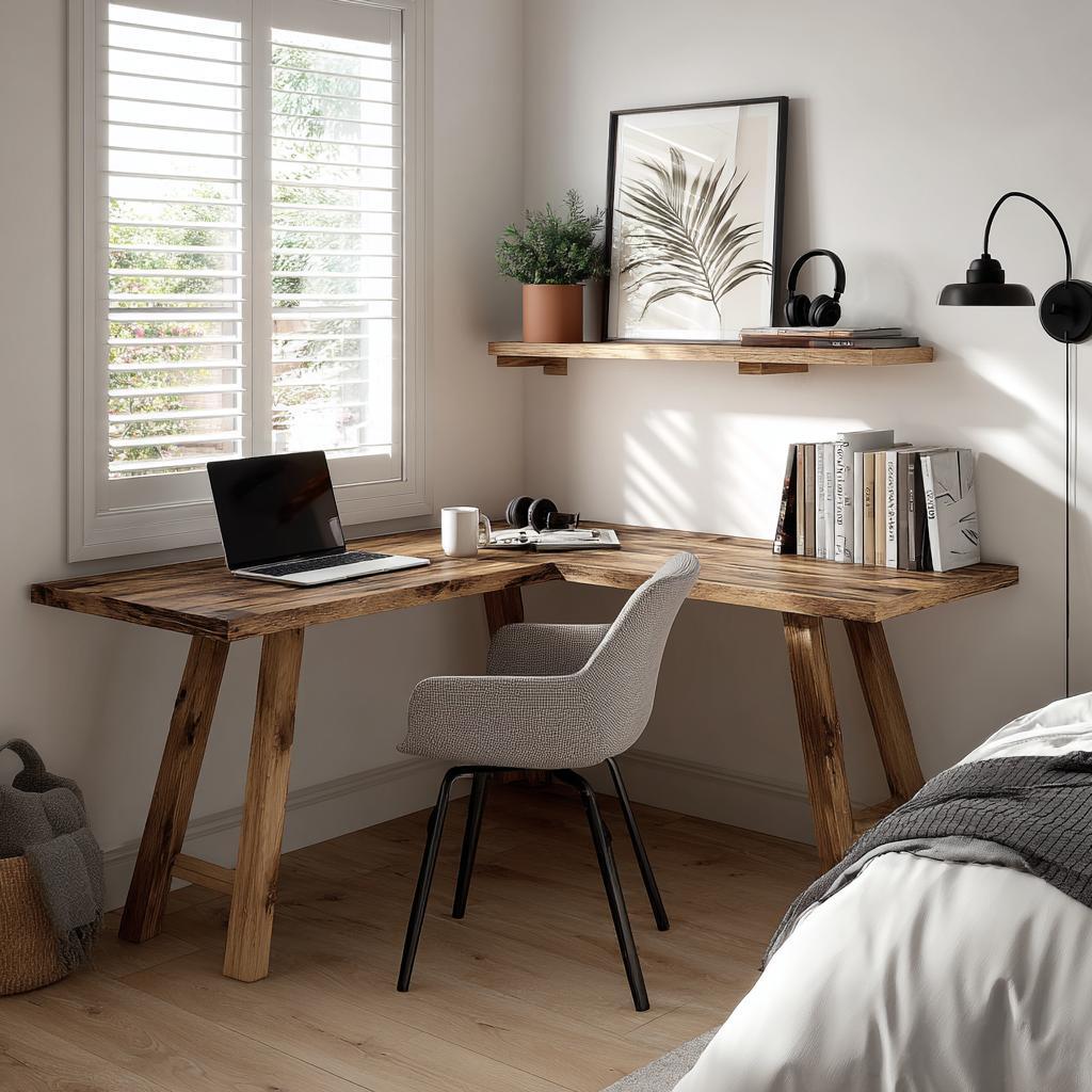 Walnut home office desk setup with computer chair