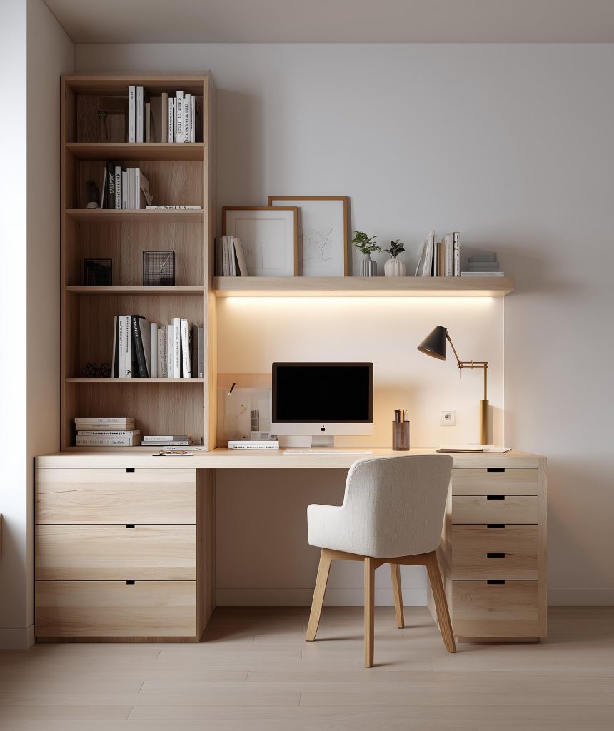 Home office storage desk setup with computer chair