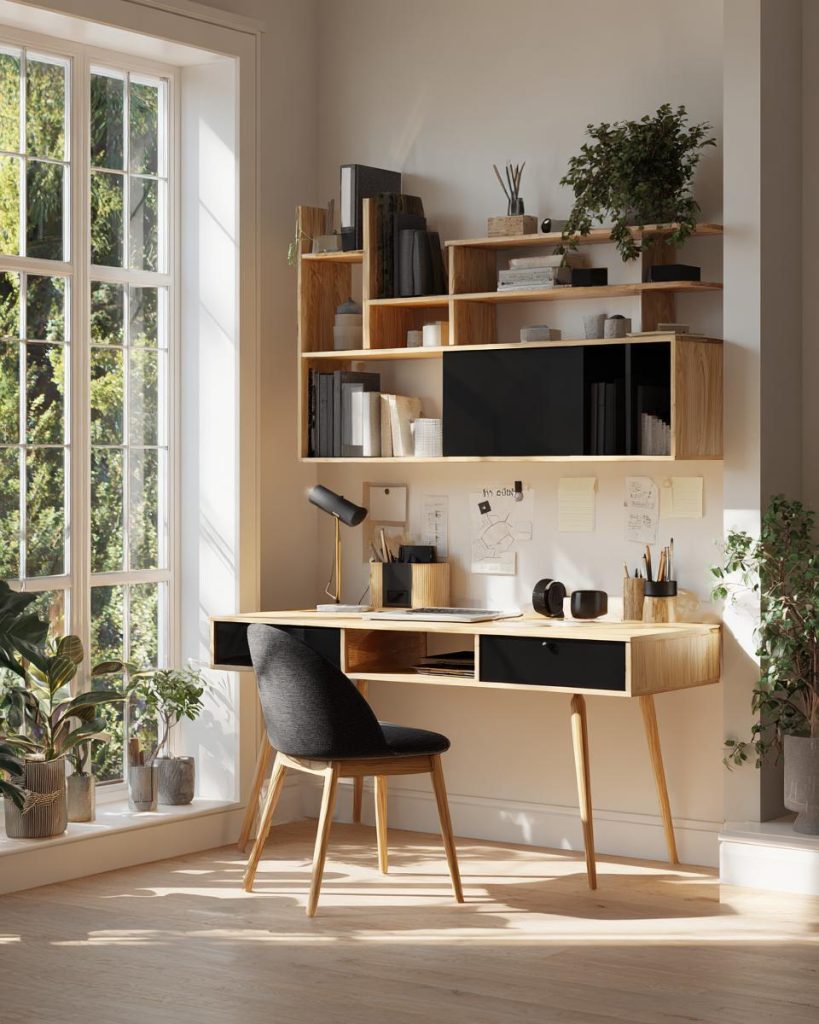 Unique shaped home office desk and chair setup