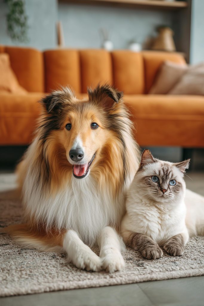 `Pet-friendly living room interior design with pet-proof furniture`