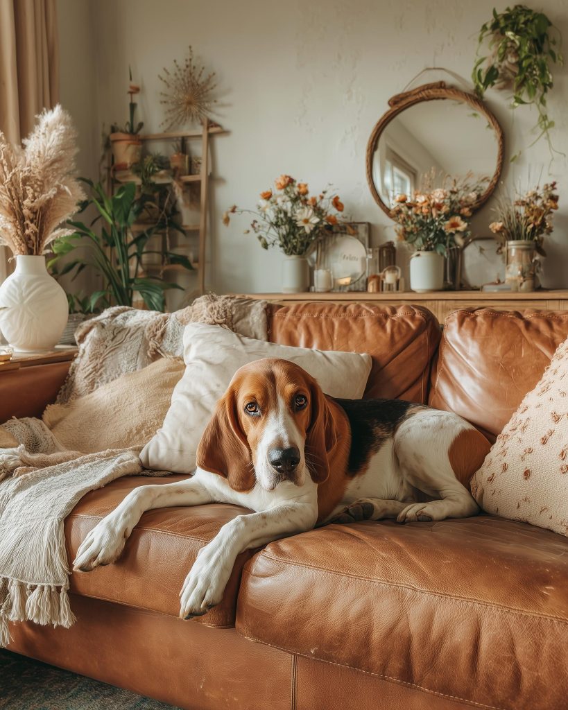 `Home living room interior design with pet-friendly rugs and pet-proof furniture`