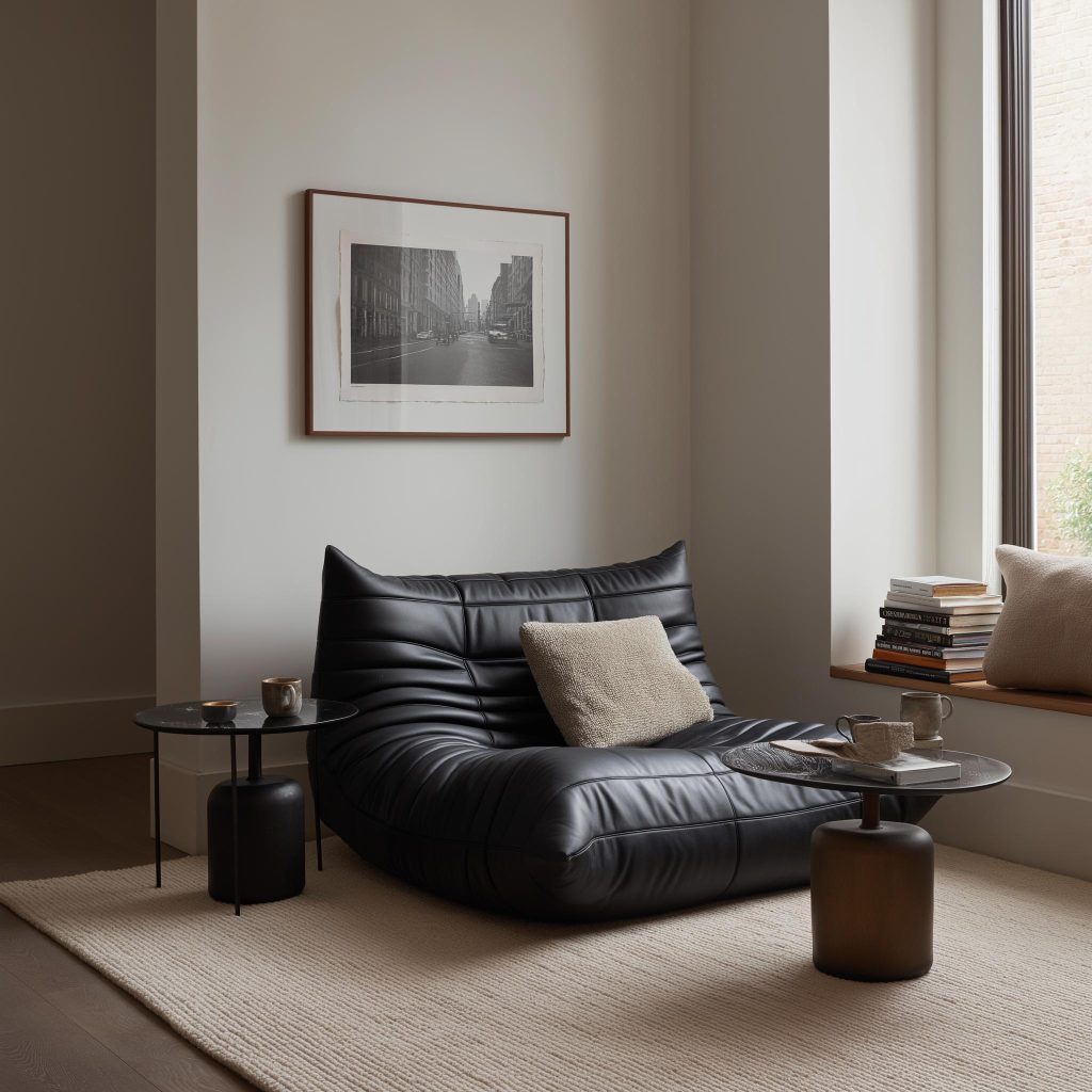 Modern living room corner wall decor with reading setup