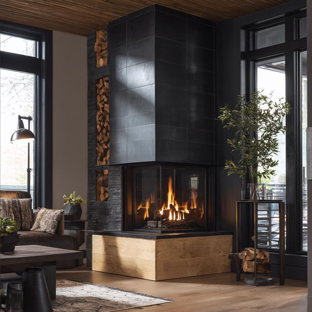 Modern living room with corner fireplace decorating ideas