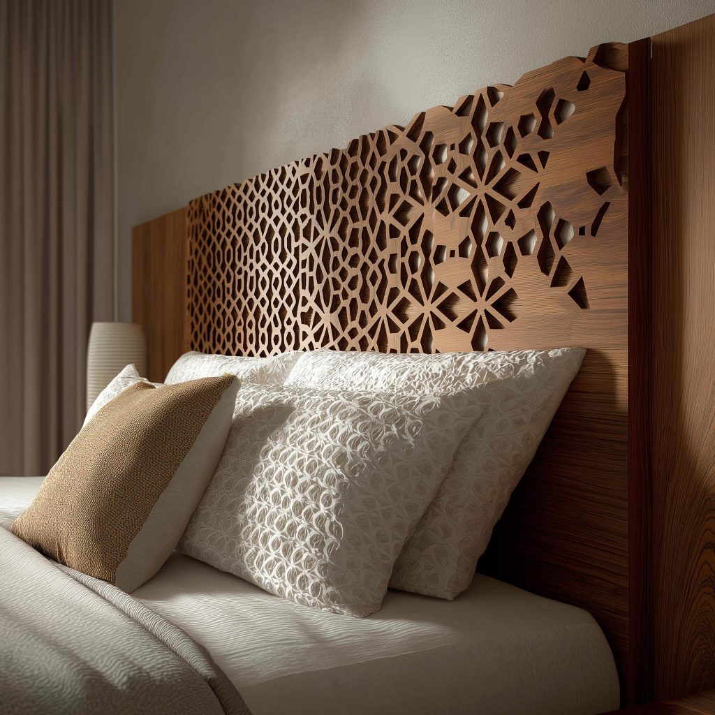 Artistic wooden headboard with carved jali pattern design