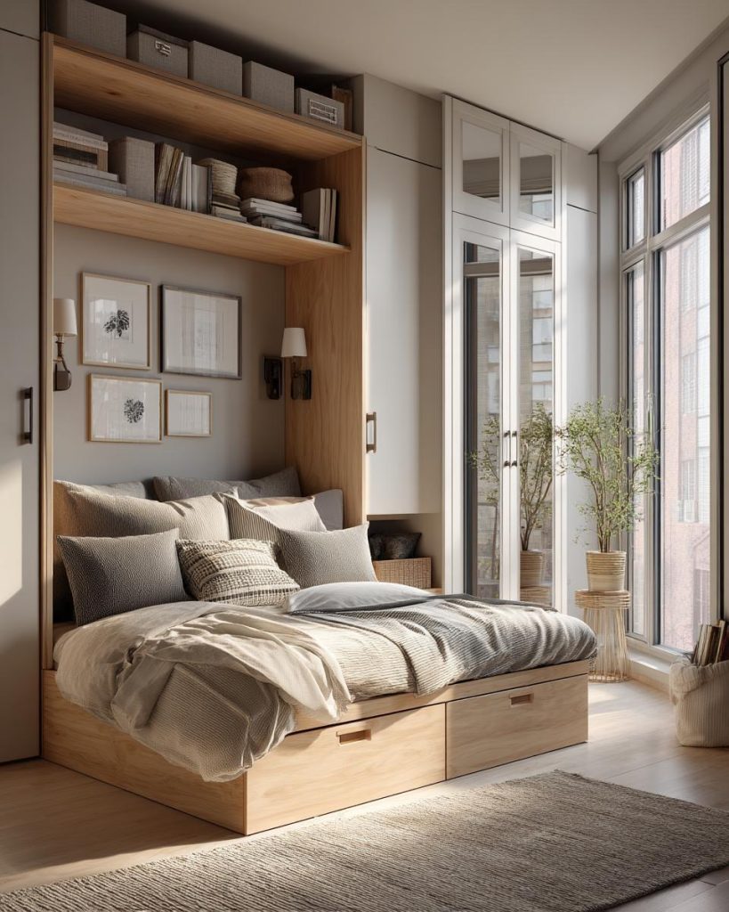 Storage integrated headboard with built-in shelves