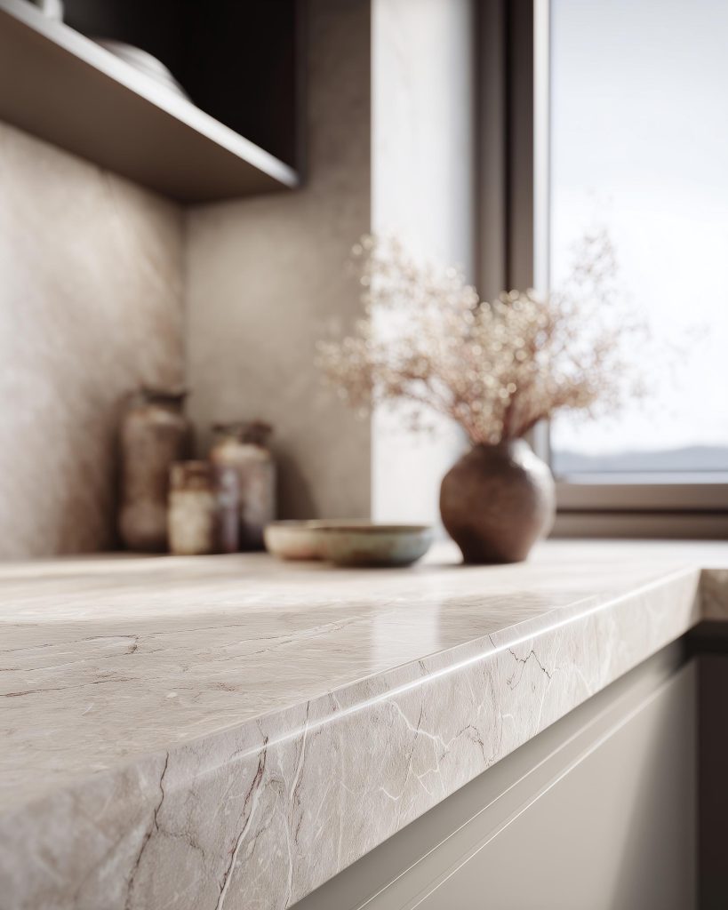 Makrana marble design countertop with soft veining, smooth finish, and modern kitchen styling