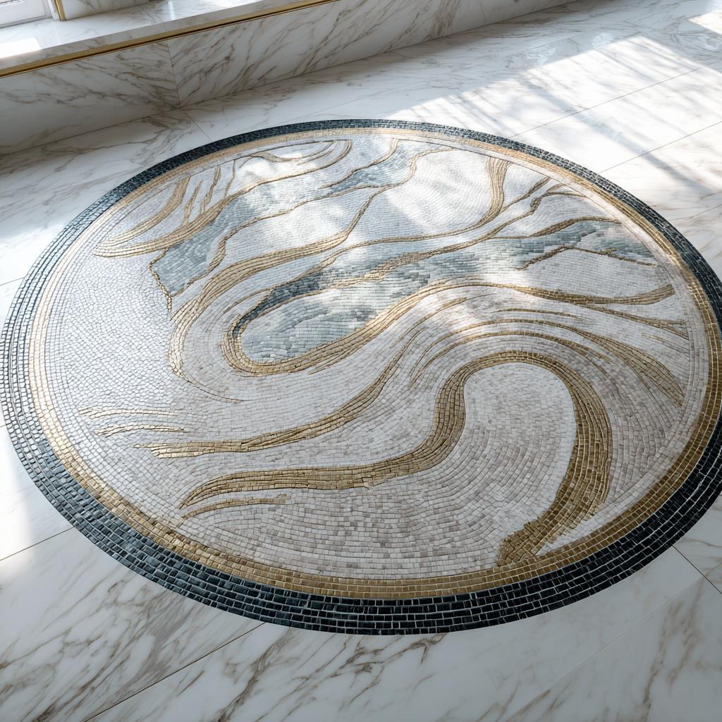 Luxury makrana marble flooring designs with circular mosaic pattern, elegant veining, and premium finish
