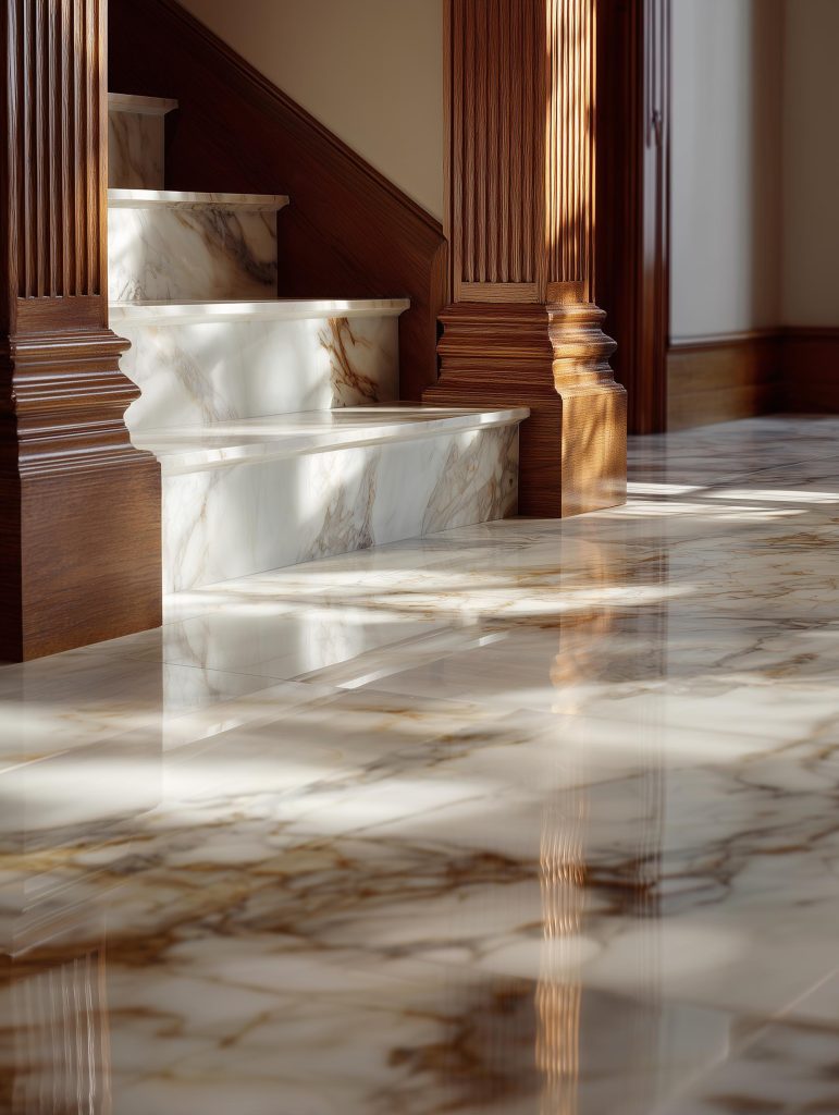 Luxury makrana marble flooring with glossy finish, rich veining and elegant staircase interior 