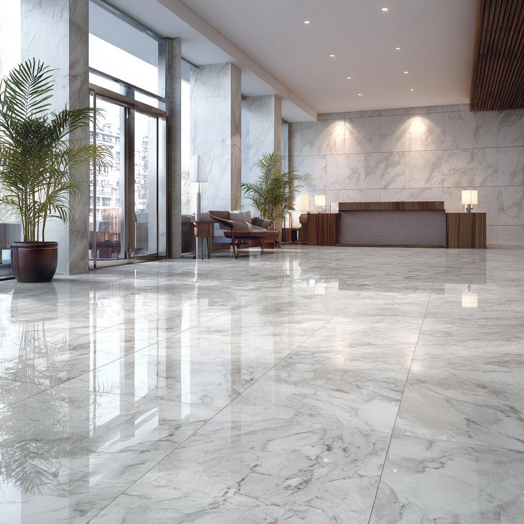 Makrana white marble flooring with glossy finish, spacious lobby design, and elegant natural veining