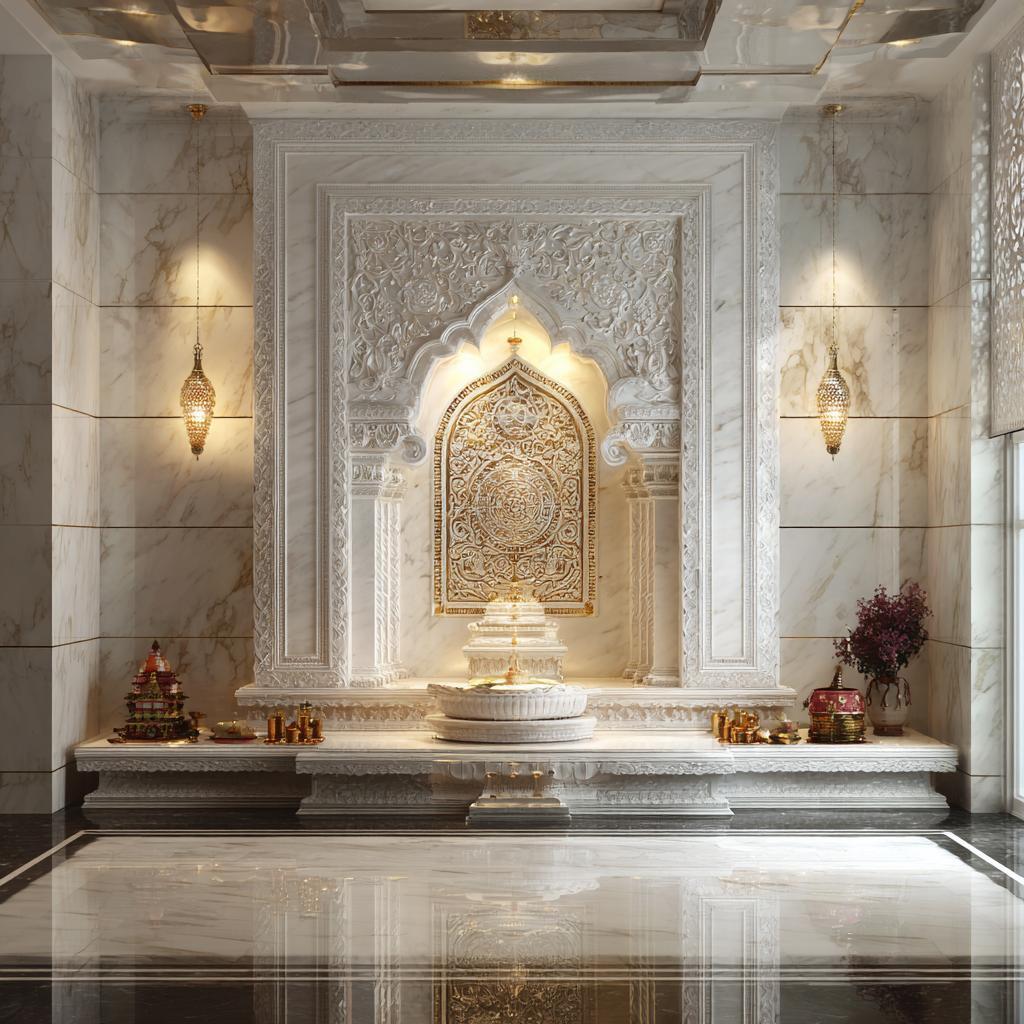 Luxury makrana marble mandir with intricate carvings, white marble finish, and elegant temple design