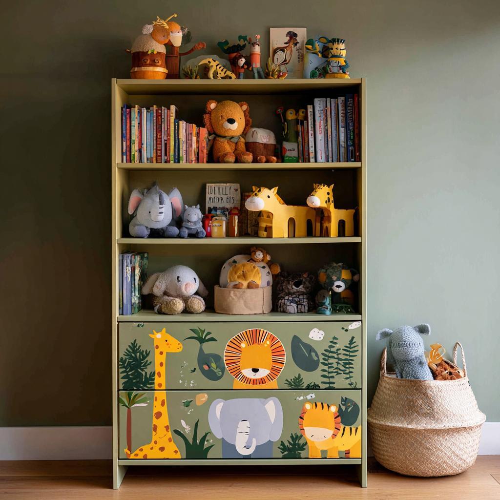 Creative upcycling interior design kids bookshelf with toys, colorful storage, and playful decor elements