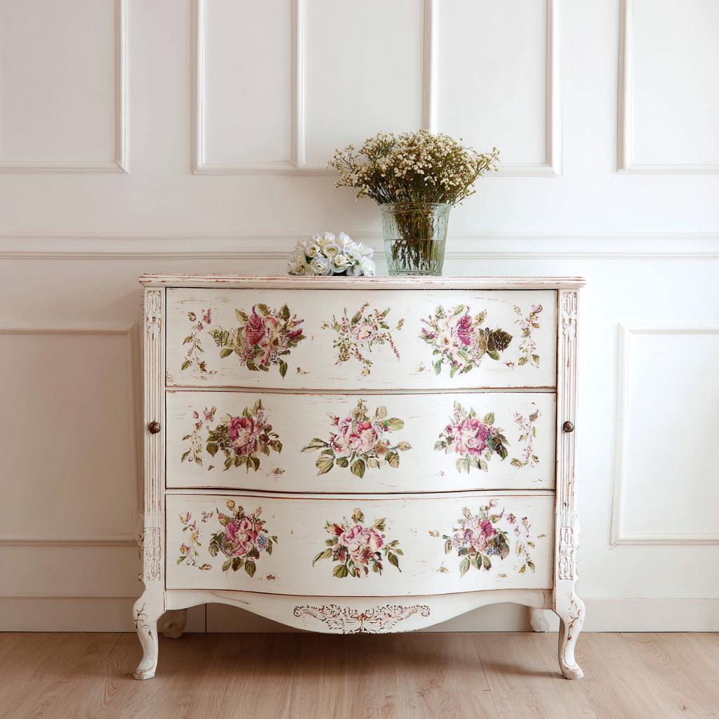 Charming upcycling interior vintage dresser with floral art, distressed finish, and elegant home decor 