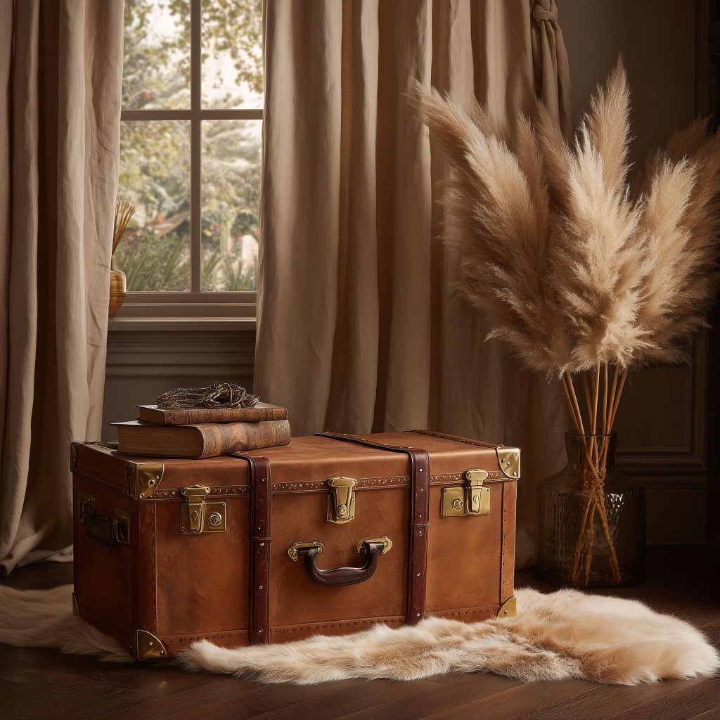 Rustic upcycling interior design vintage trunk table with books, warm tones, and cozy aesthetic decor