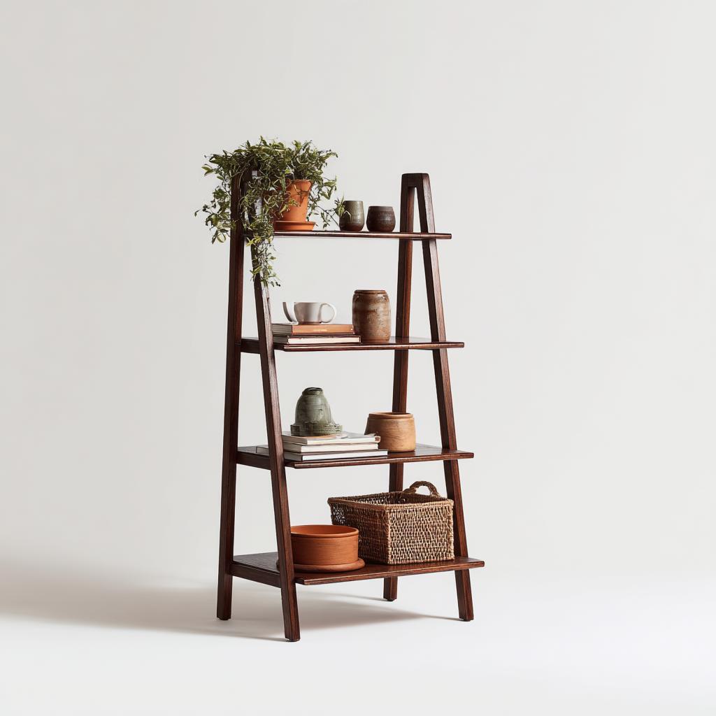 Minimal upcycling interior design wooden ladder shelf with plants, decor items, and modern rustic styling