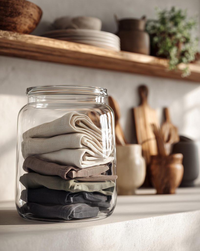Simple upcycling interior glass jar storage with folded fabrics, eco-friendly kitchen organization idea