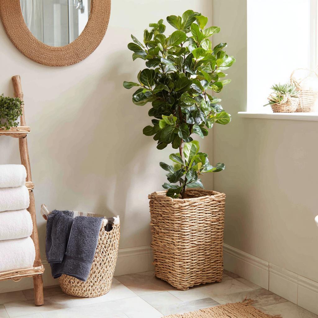 Fresh upcycling interior design with woven basket planter, greenery, and natural cozy home styling