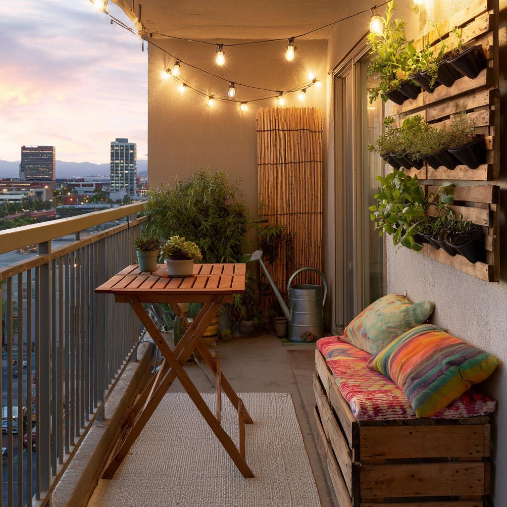 Cozy upcycling interior design balcony with pallet sofa, plants, string lights, and warm outdoor decor