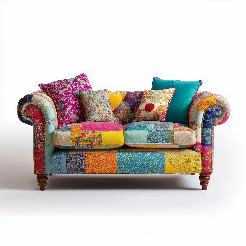 Vibrant upcycling interior design patchwork sofa with colorful fabric, artistic style, and unique decor appeal