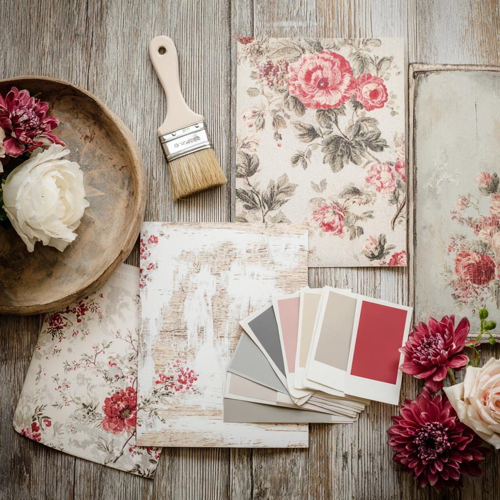 Elegant upcycling interior design ideas with floral paper, paint samples, and DIY decor inspiration setup