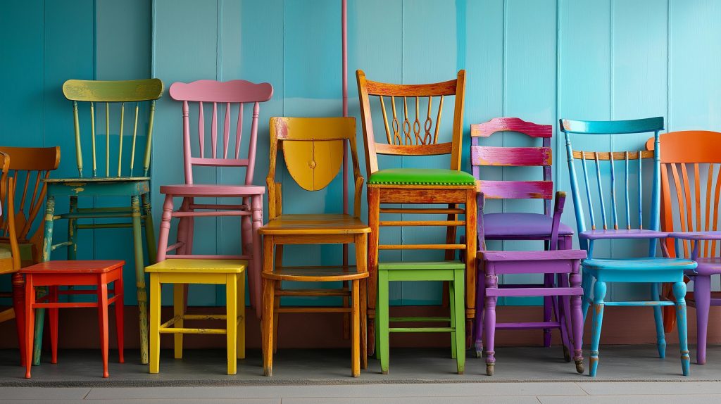 Upcycling interior design showcasing colorful repainted vintage chairs in a creative home setup