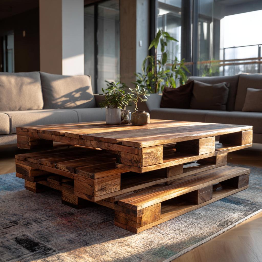 Rustic upcycling interior design pallet wood coffee table in modern living room with natural sunlight