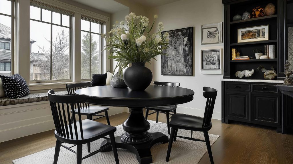 Modern dining room layout with black round table, chairs and elegant centerpiece by window