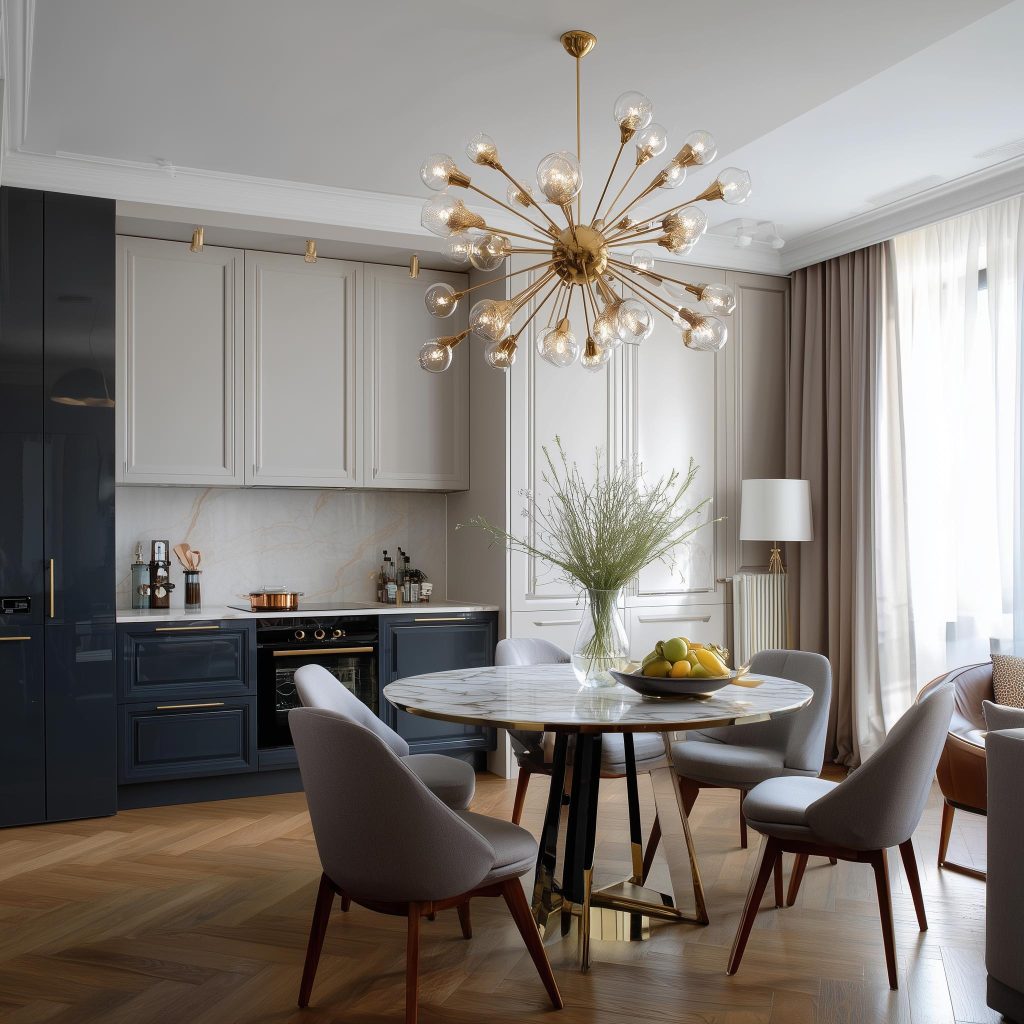 Elegant kitchen dining room layout with round table, chandelier lighting and modern cabinetry