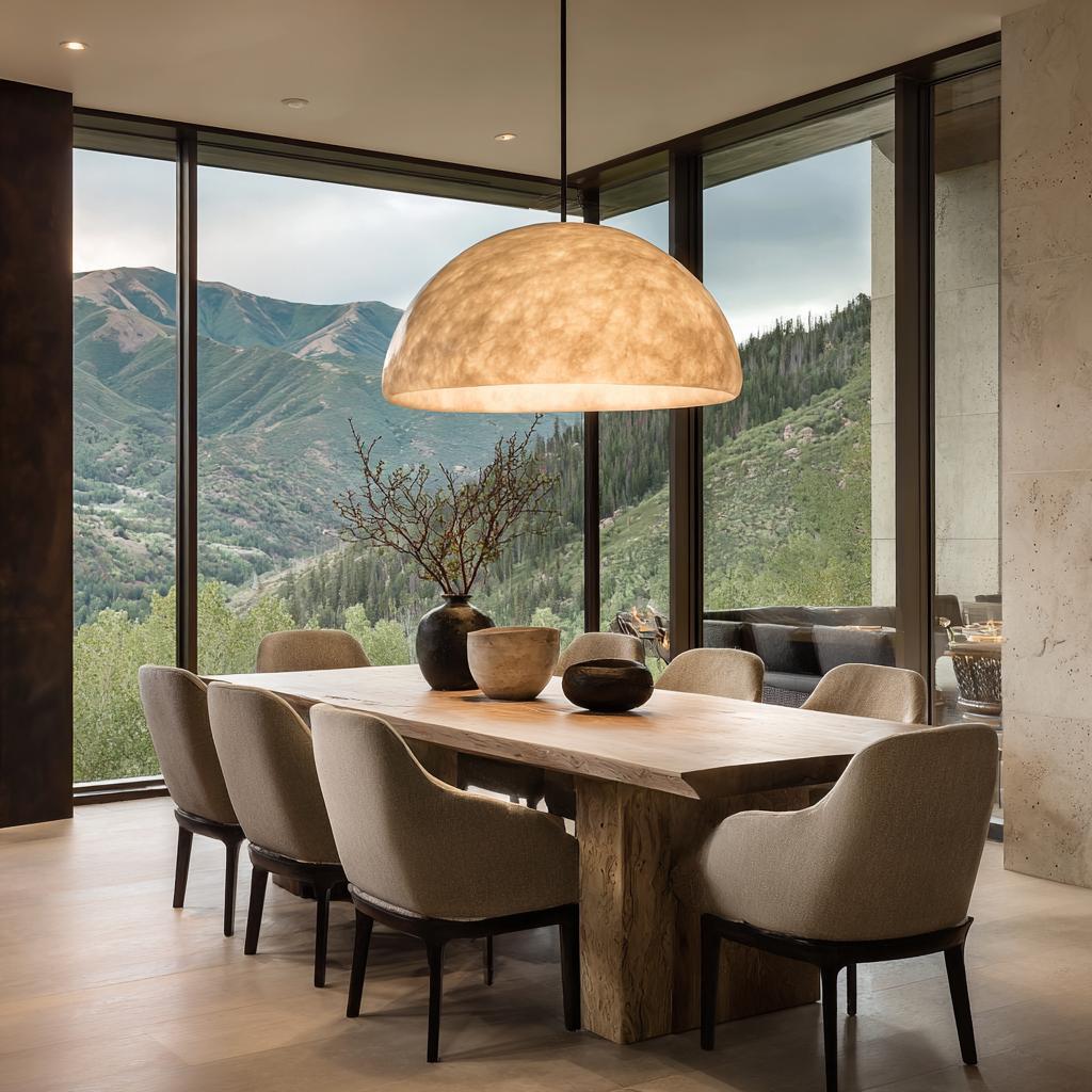 Scenic dining room layout ideas with wooden table, upholstered chairs and panoramic mountain views
