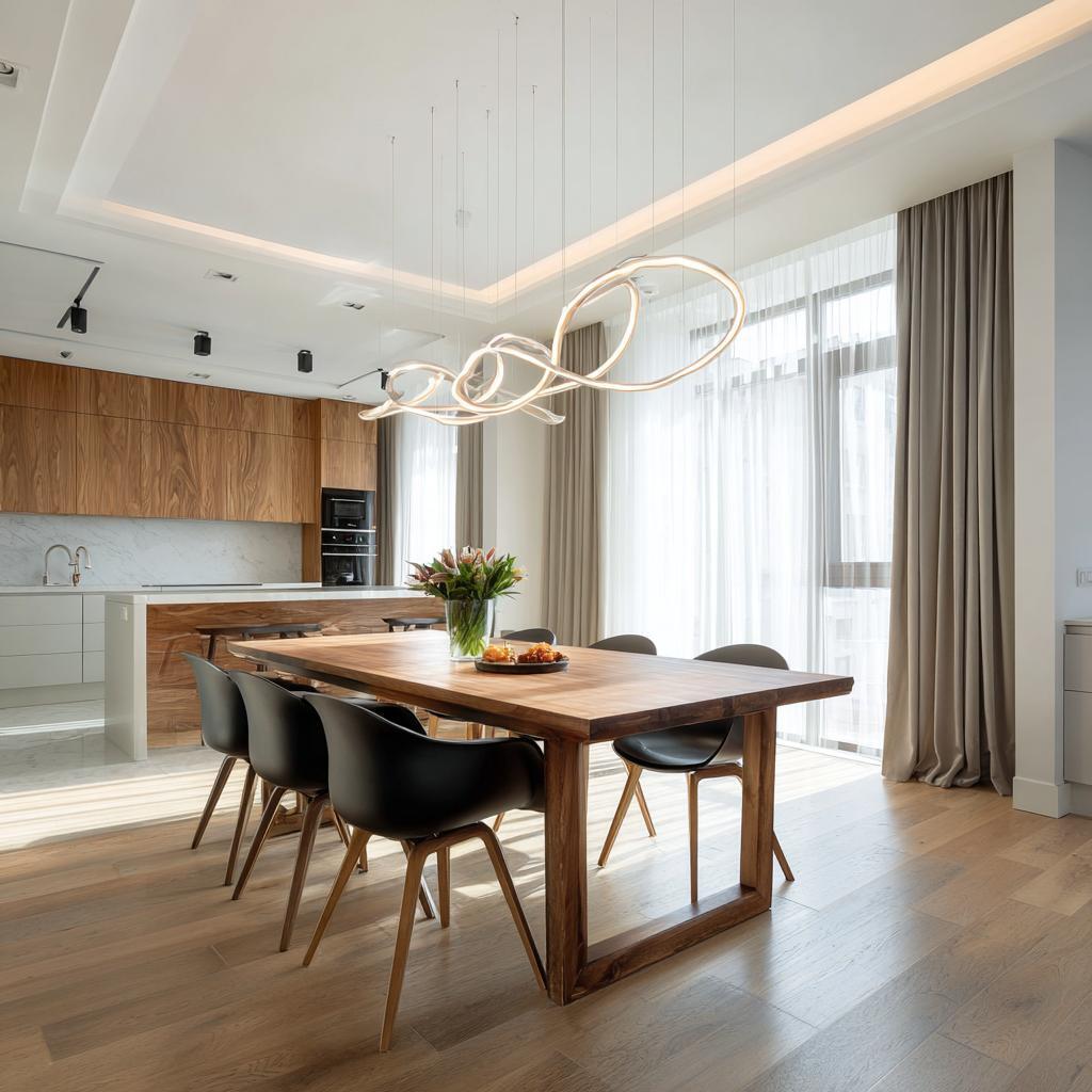 Modern kitchen dining and living room layout with wooden table, sleek chairs and stylish lighting