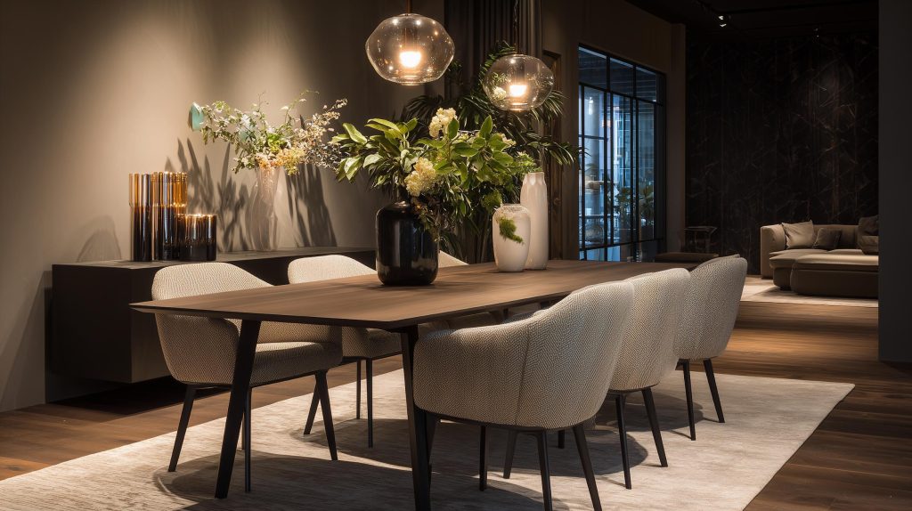 Luxury dining room furniture layout with sleek table, upholstered chairs and warm ambient lighting