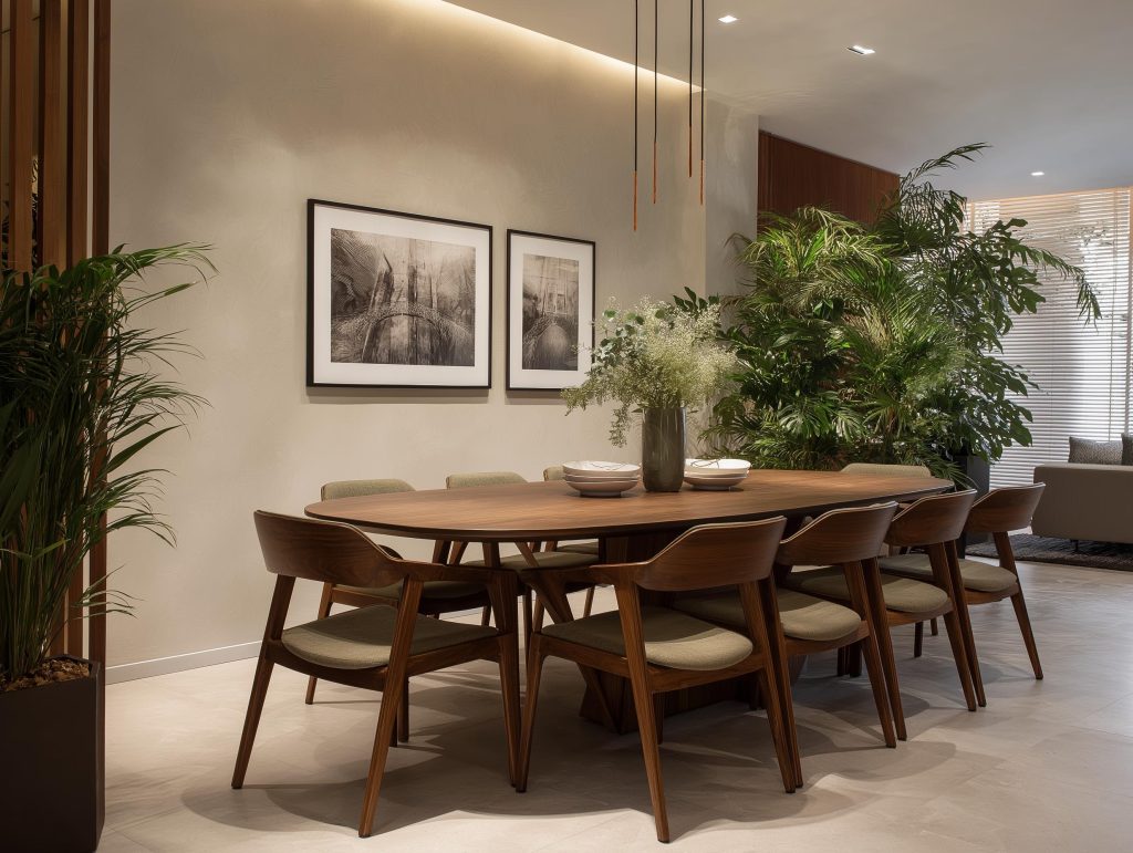 Stylish dining room layout with wooden table, upholstered chairs and greenery accents